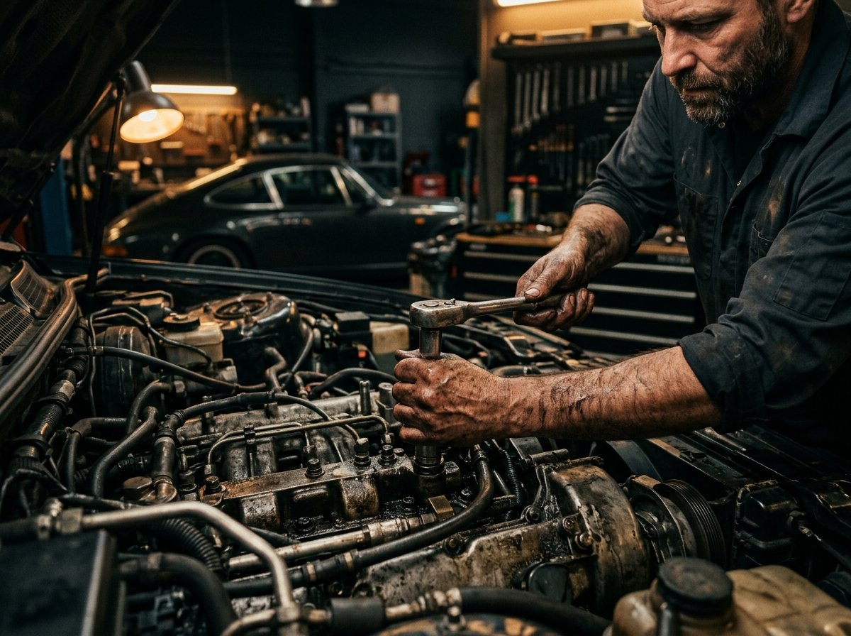 Expert mechanic working on engine at AxleVault Garage